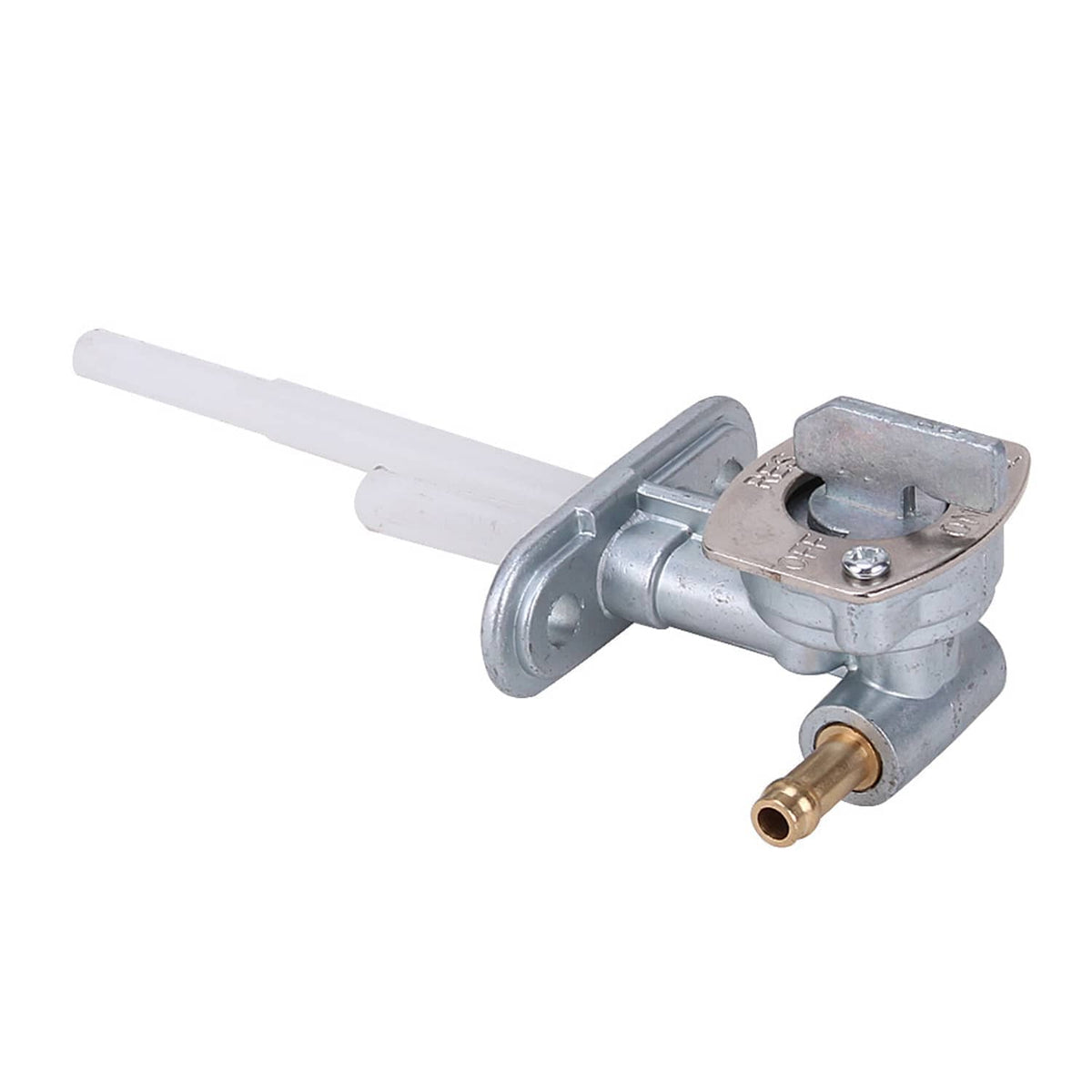Motorcycle fuel tank petcock switch valve assembly with vacuum hose and outlet