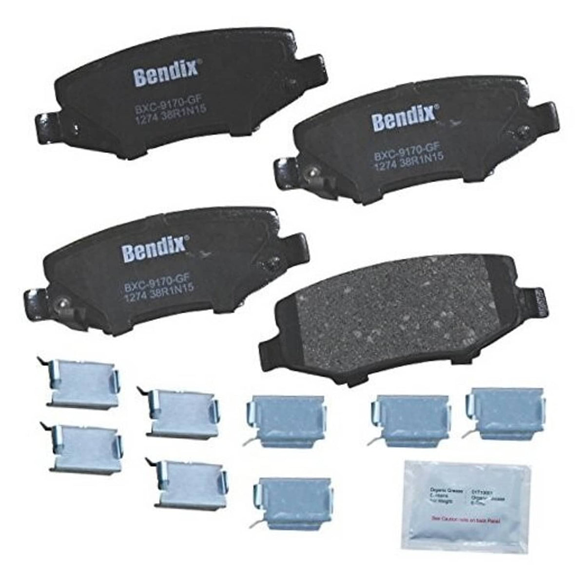 Ceramic rear brake pads set with black Bendix pads and blue hardware clips