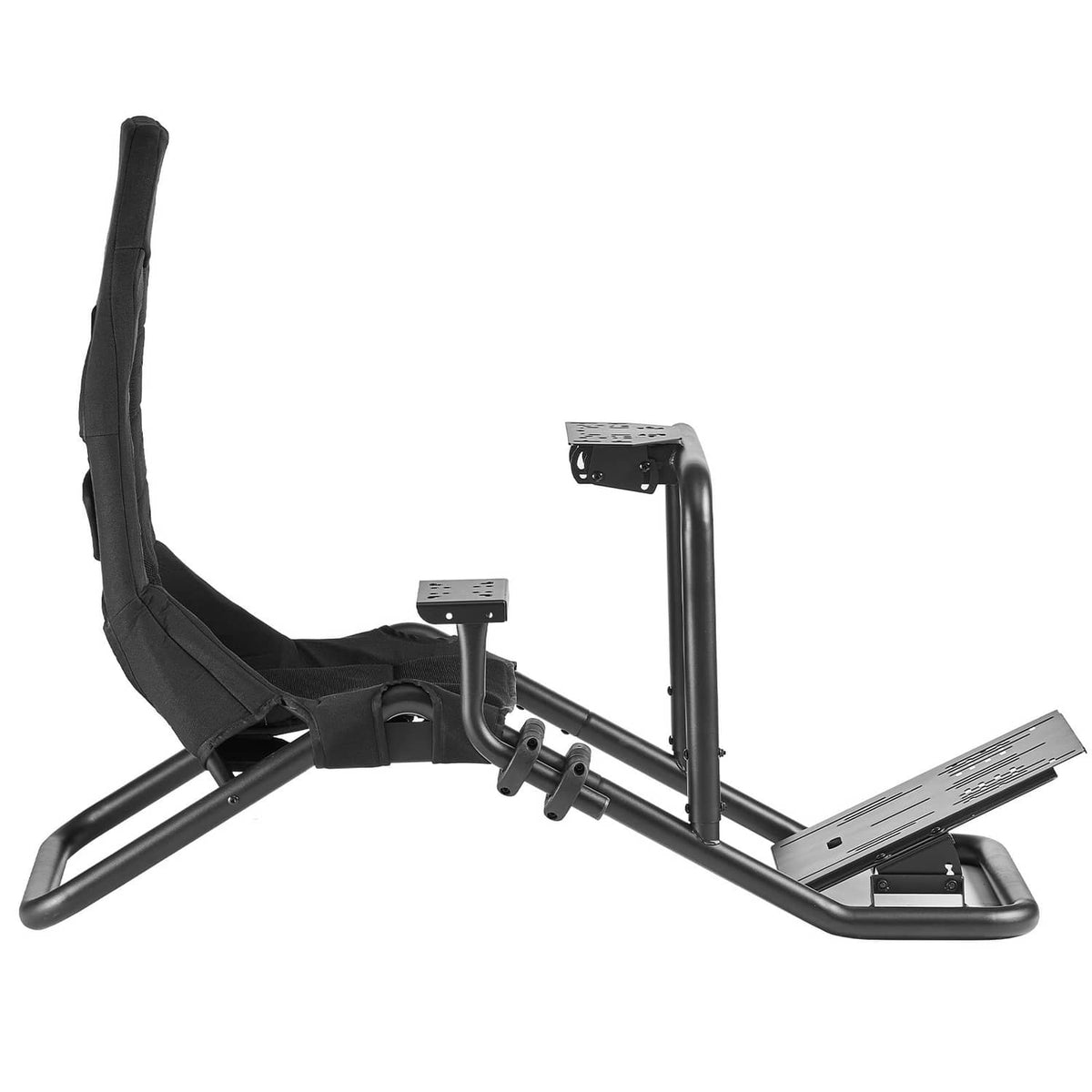 Racing steering wheel stand with integrated pedal mount, black metal and padded harness