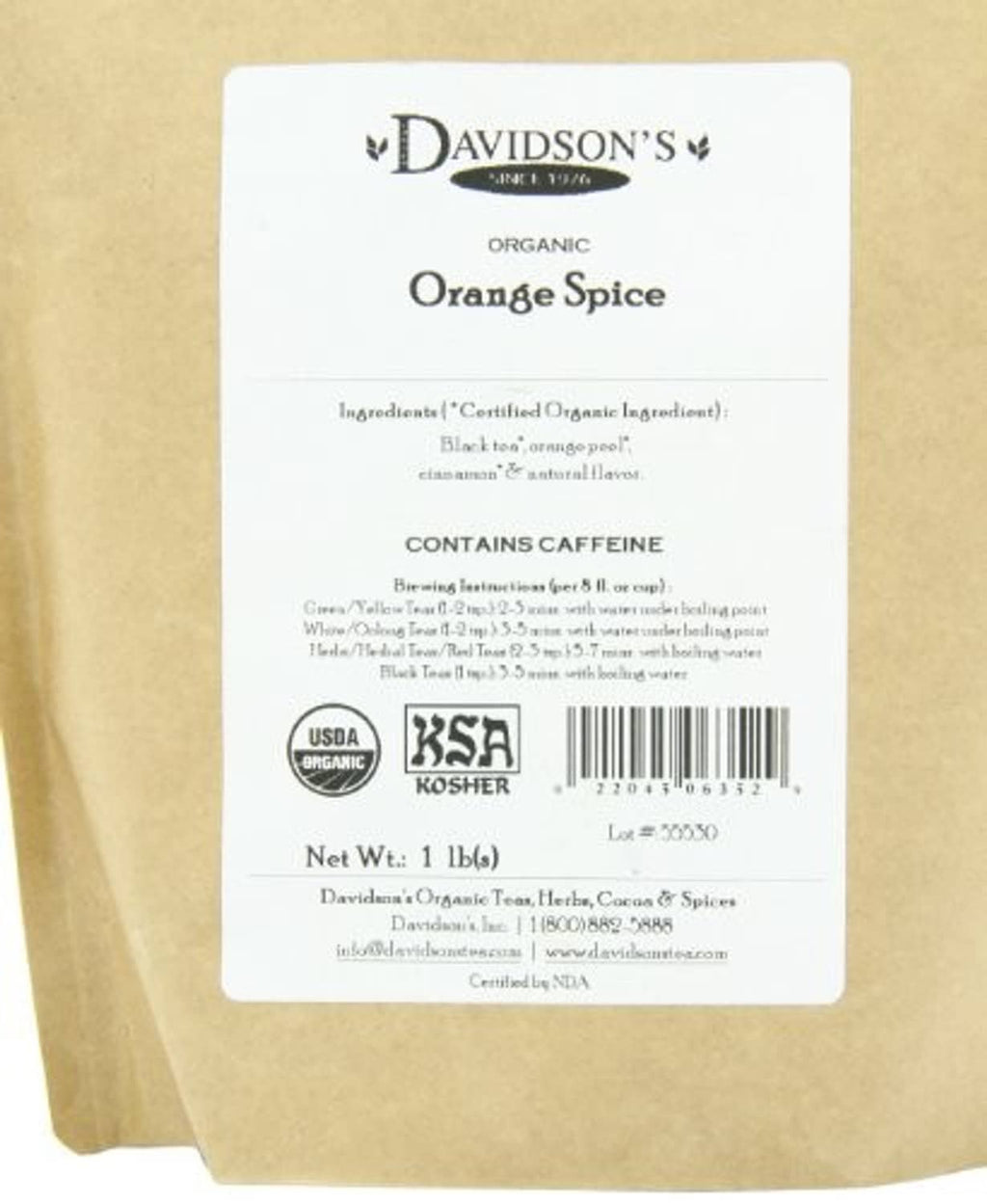 Davidson's Organic Orange Spice tea bag back with ingredients, barcode, and USDA Organic mark