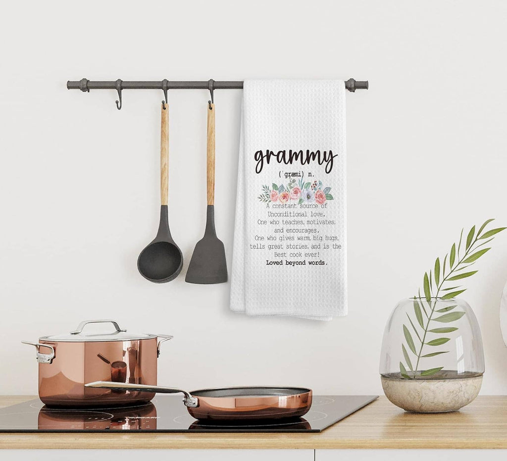 White hanging kitchen towel with 'grammy' script and floral quote print