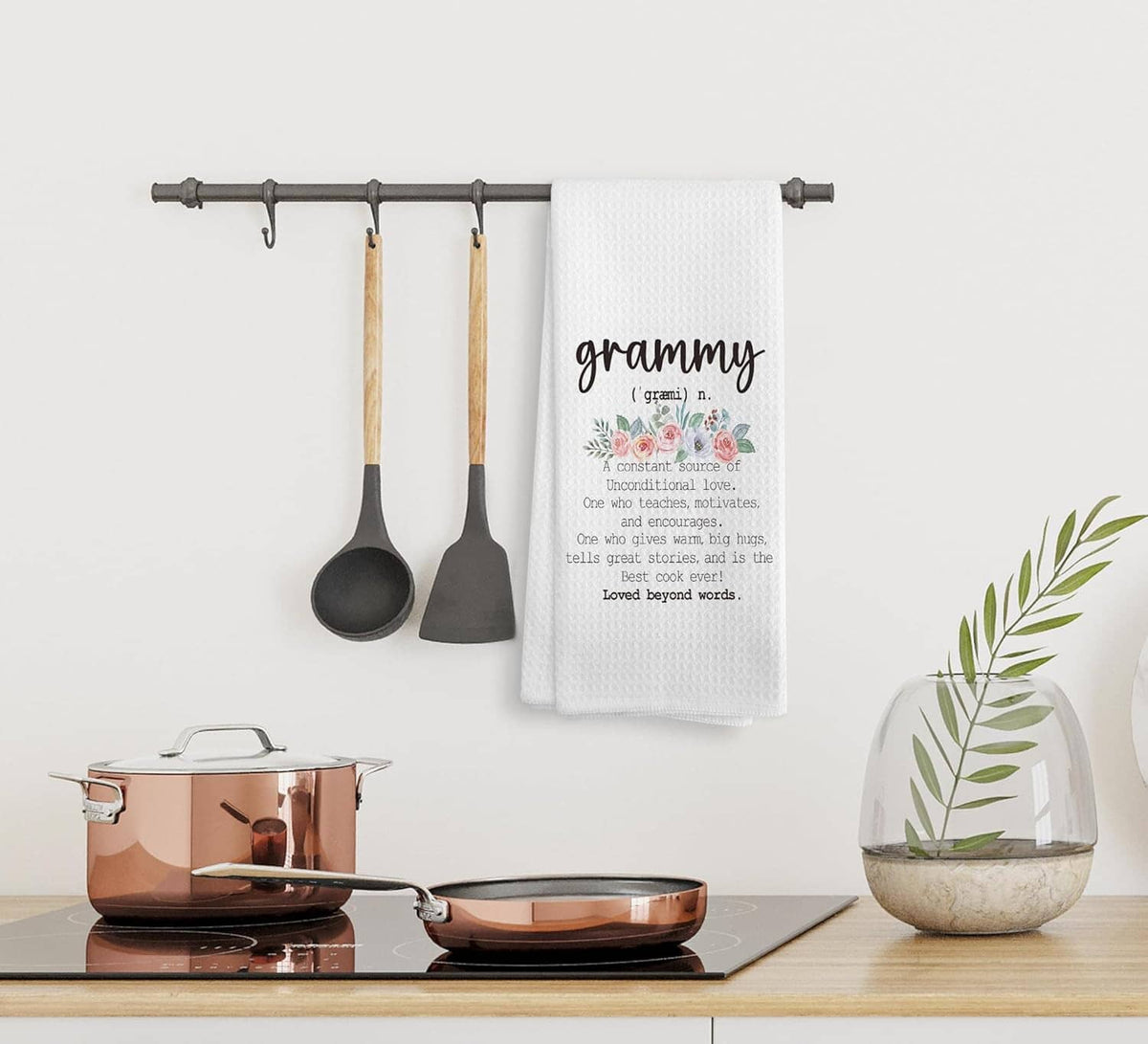 White hanging kitchen towel with 'grammy' script and floral quote print