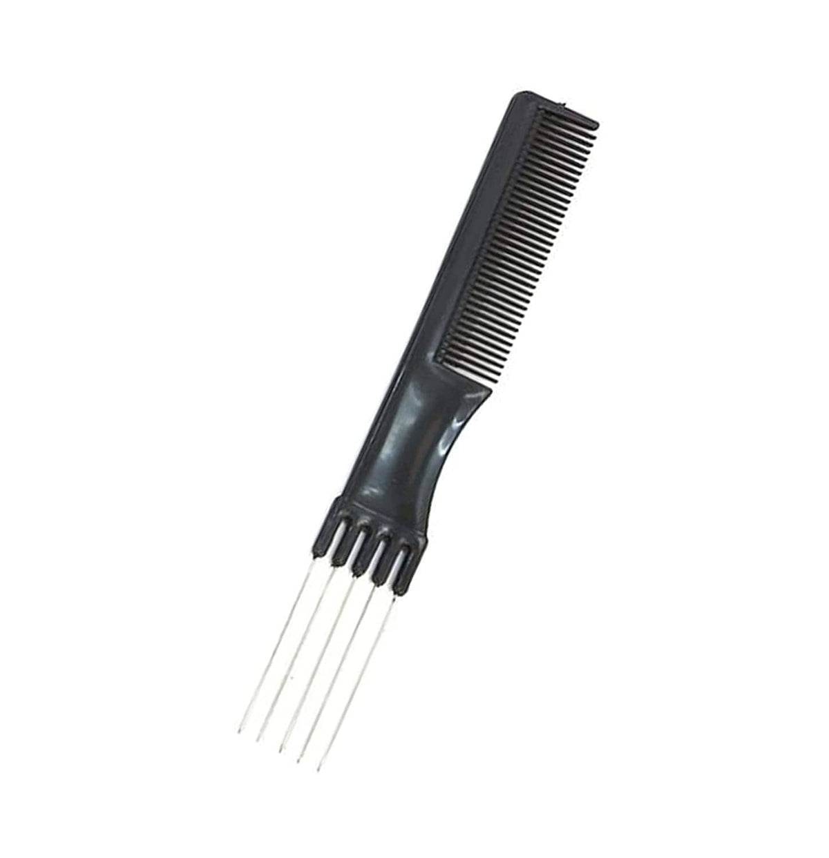 Black styling comb with long teeth and pointed end