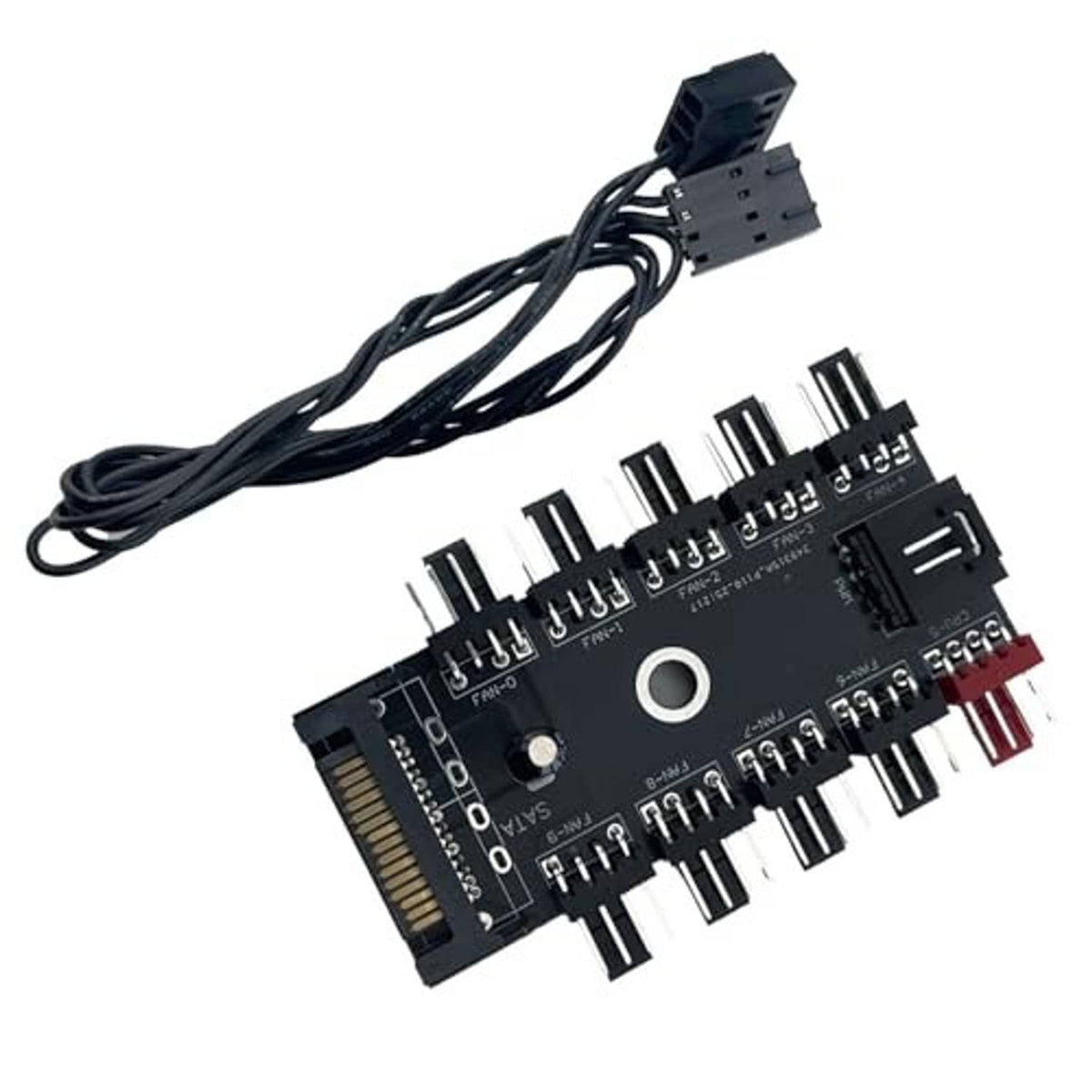 10-way PWM fan hub PCB with long black cable and stacked 4-pin fan connector pins