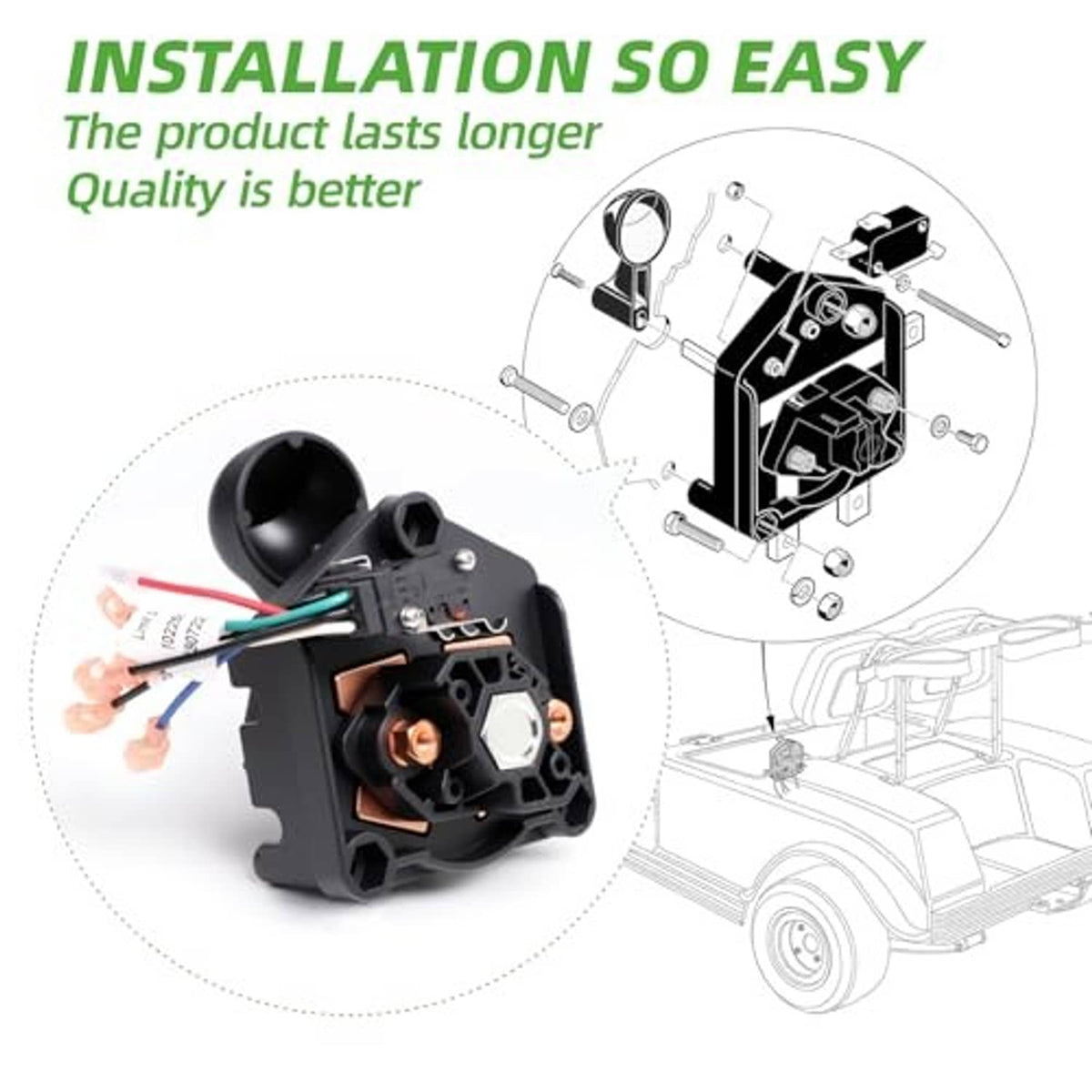 Black gear switch module with toggle handle and exposed connector terminals