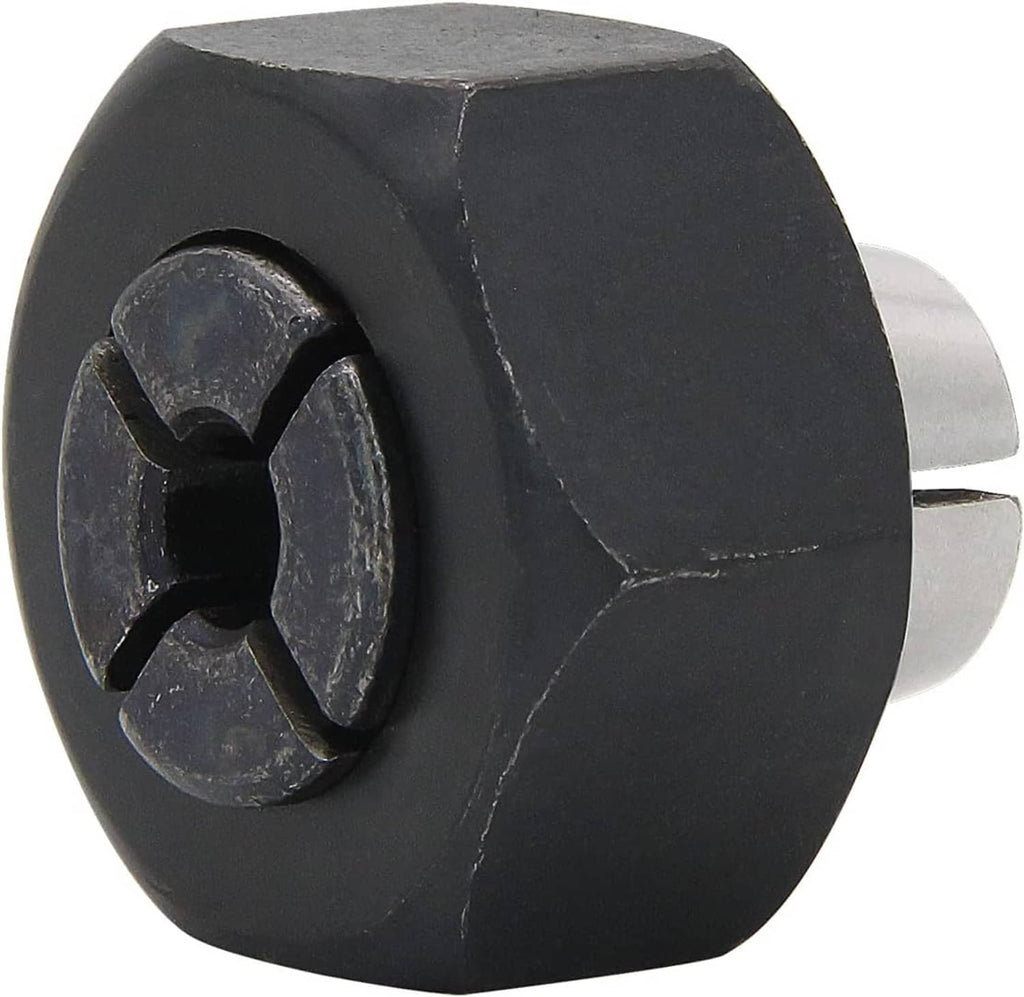 1/4-inch router collet side view, black housing with silver shank