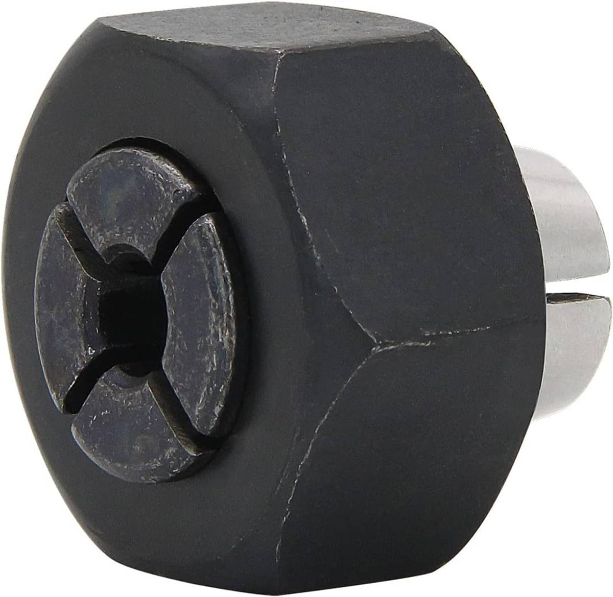 1/4-inch router collet side view, black housing with silver shank