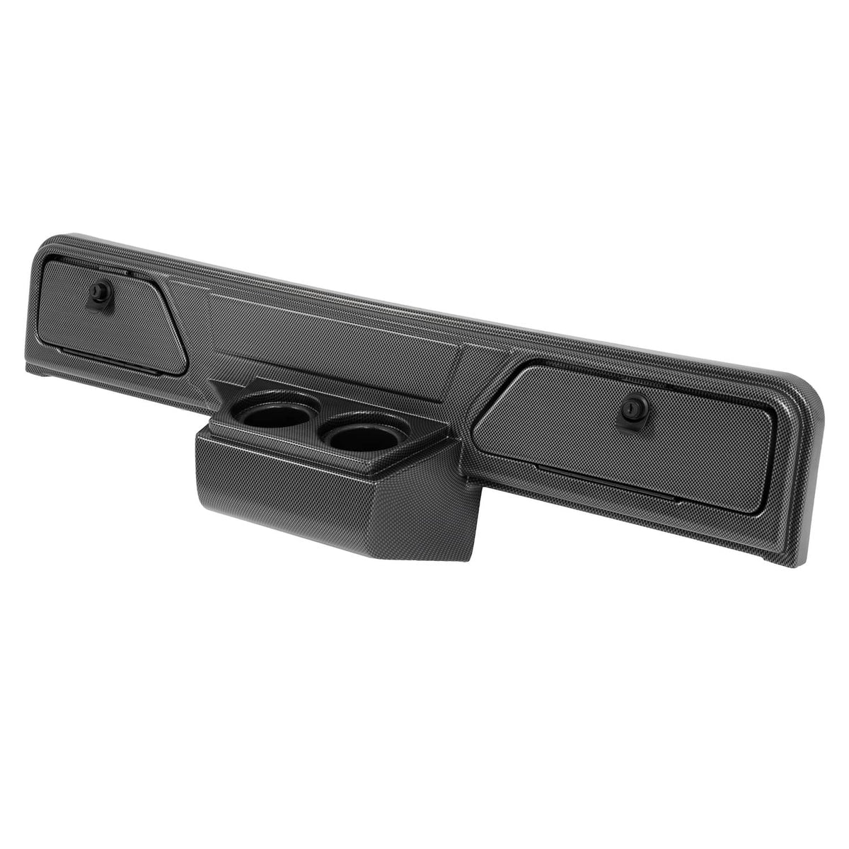 Carbon fiber-style dashboard dash cover with twin cup openings and textured center section