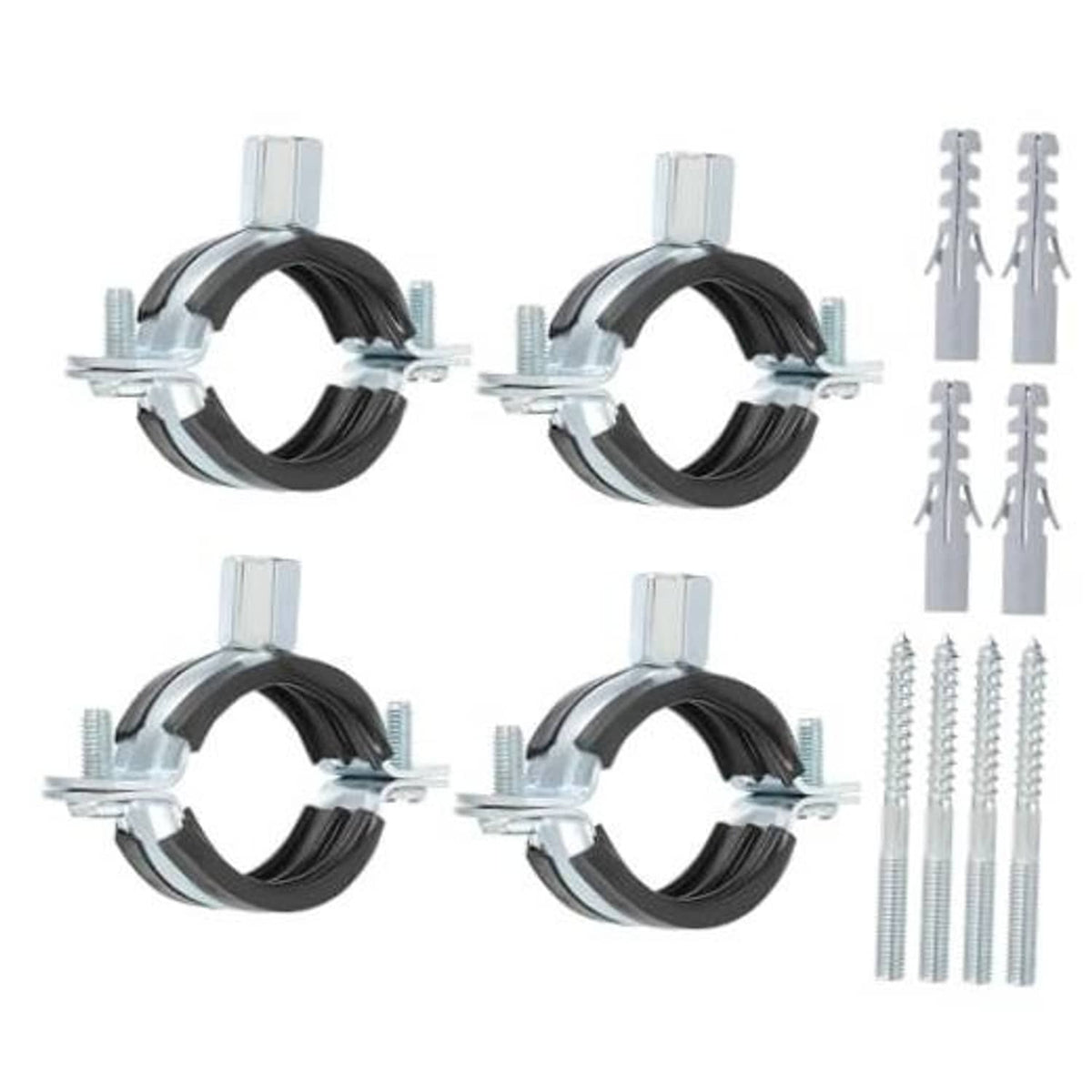 Black split pipe hanger clamp with galvanized metal screws, 6-pack shown