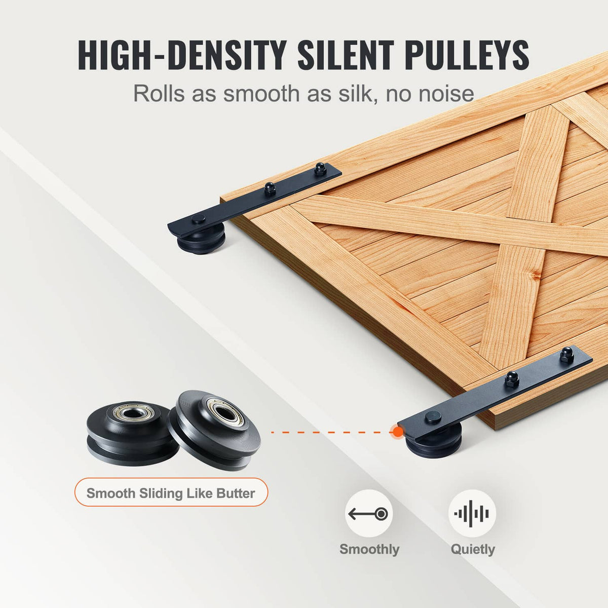Barn door track with silent roller pulleys and mounting plates, black hardware
