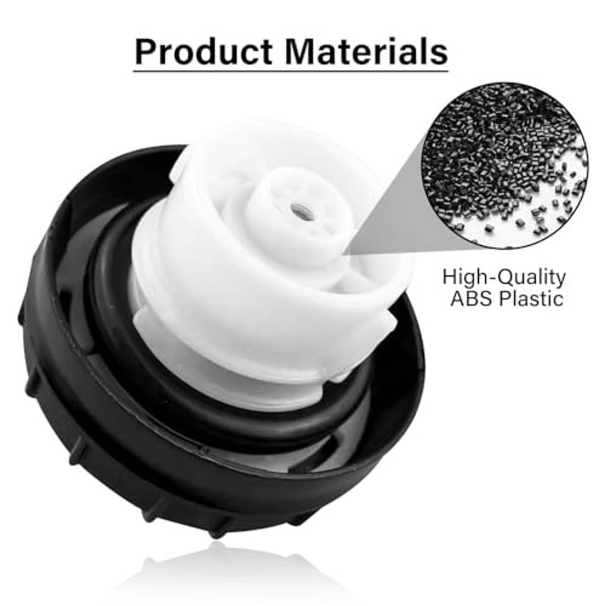 Fuel gas cap materials shown: ABS plastic and white internal gasket detail, black outer body