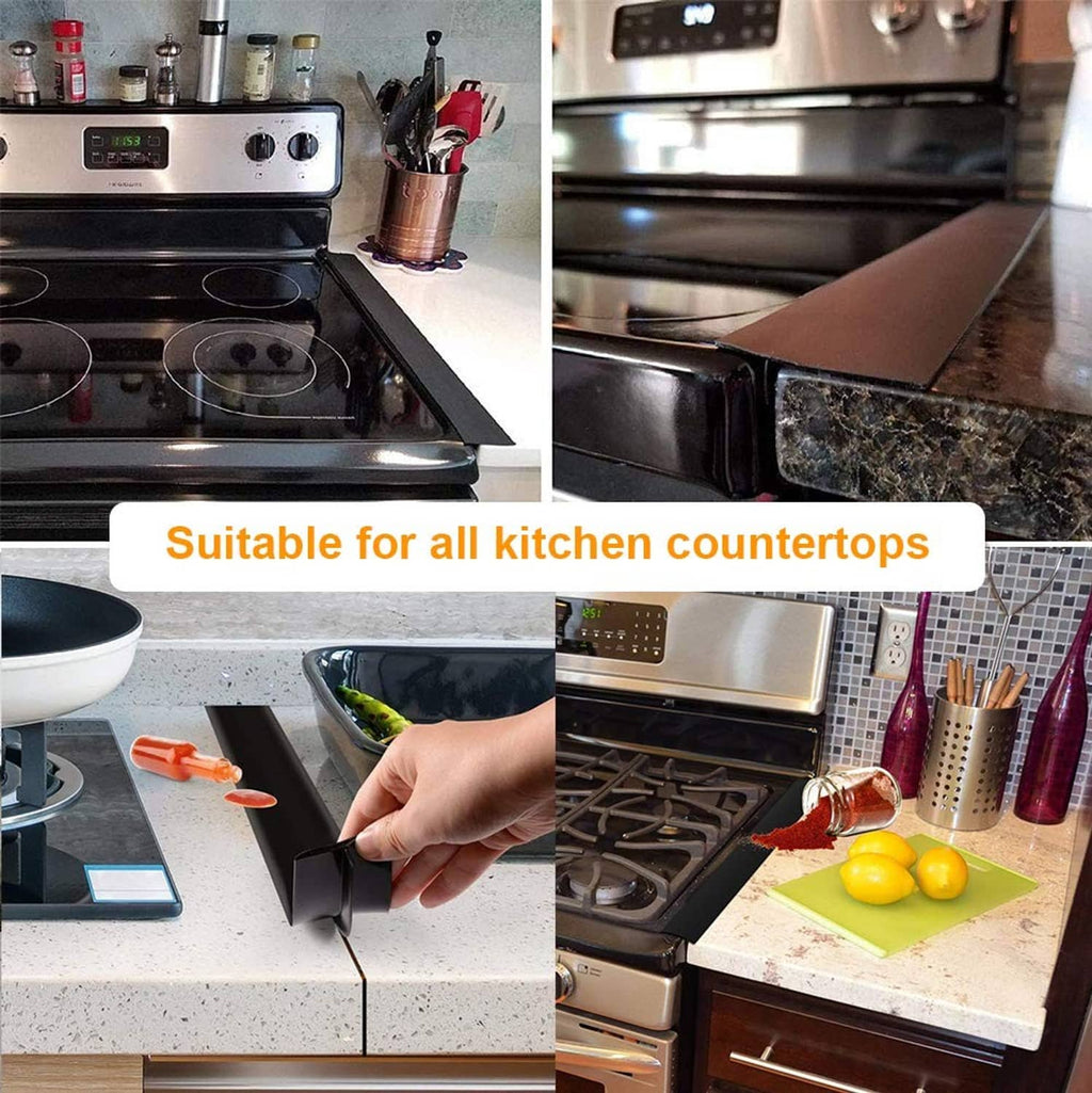 Black stove gap cover strip fitted along the stove-to-counter seam to help block spills.