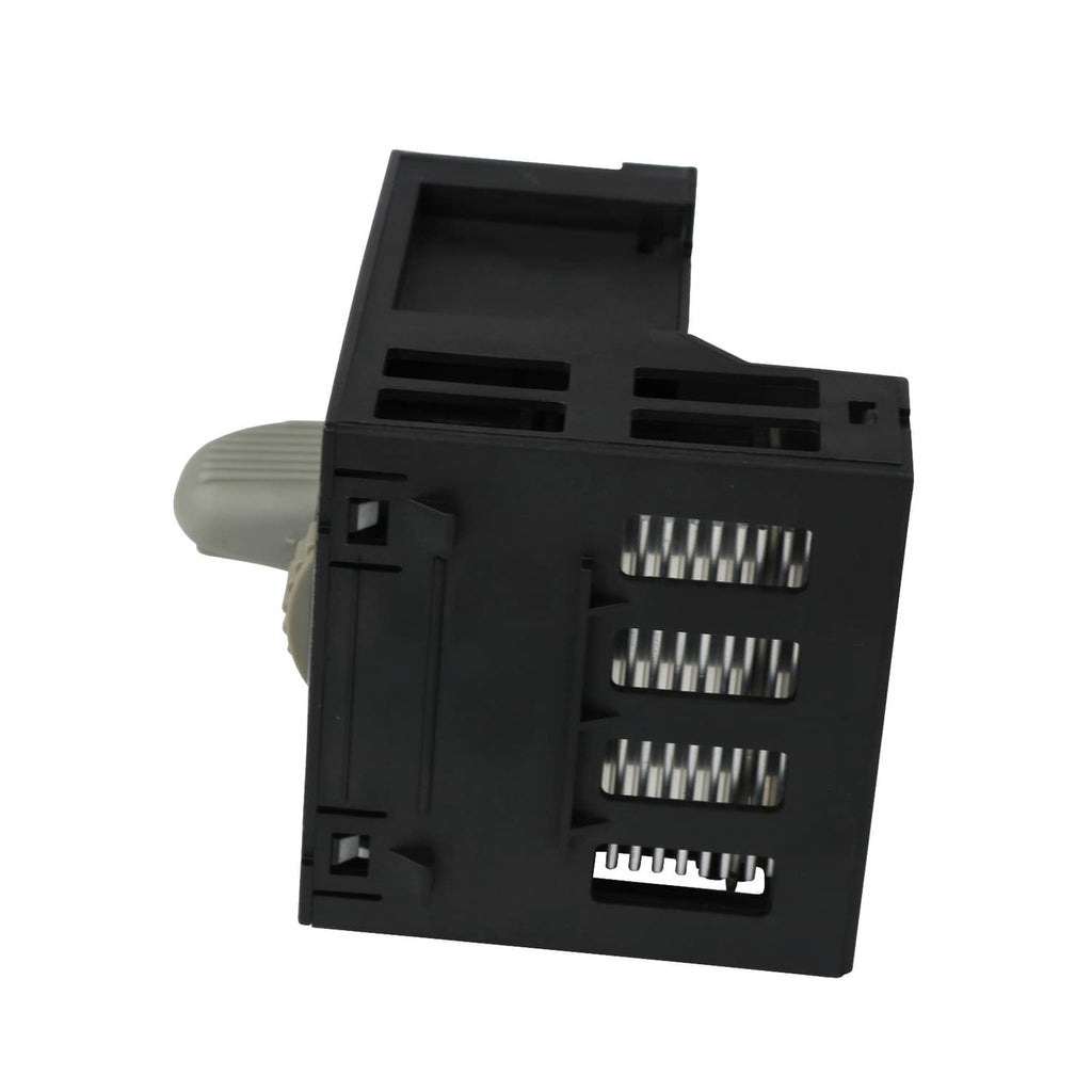 Black dash headlight switch side view with raised gray control knob and contact tabs