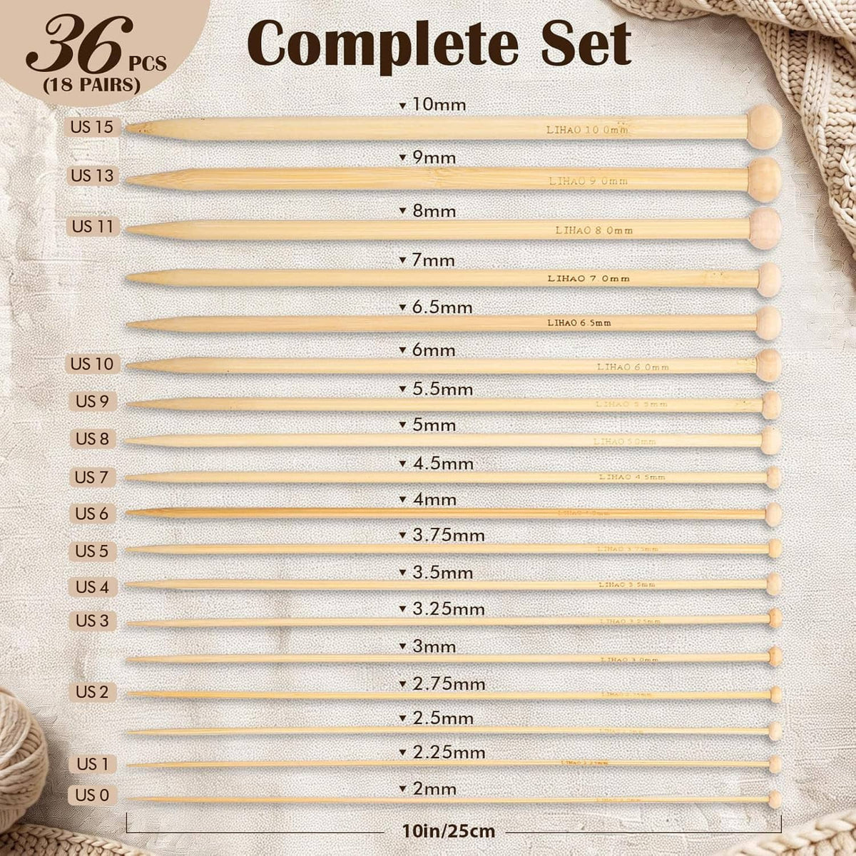 36-piece bamboo knitting needles set with clear size markings on straight needles