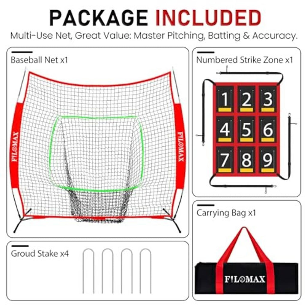 Baseball practice net kit with numbered strike zone board and black/red carrying bag