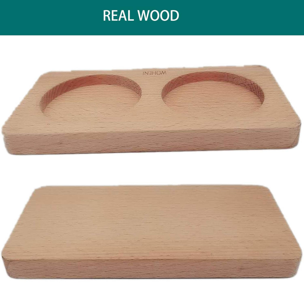 Natural wood salt and pepper mill tray with two round recessed holders
