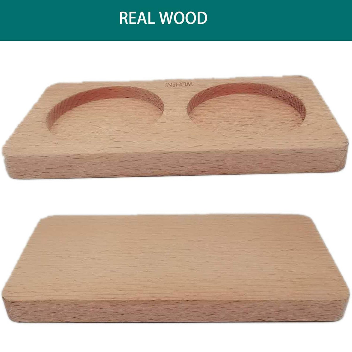 Natural wood salt and pepper mill tray with two round recessed holders