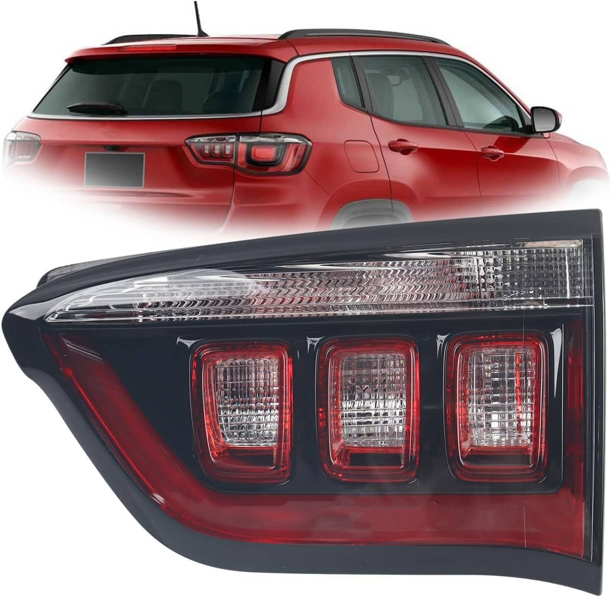 Right inner halogen tail light assembly, three red square lenses with clear upper strip