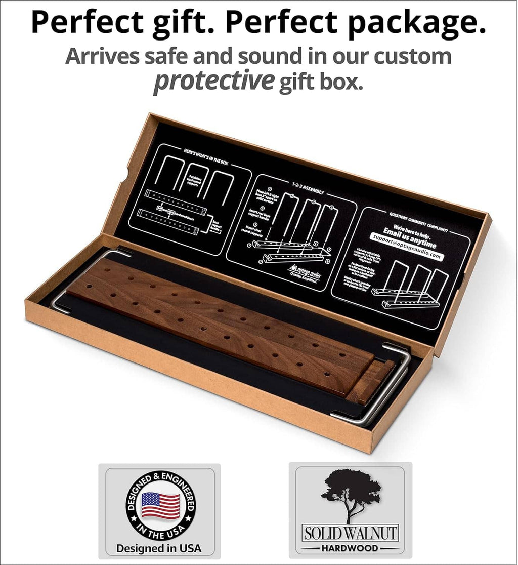 Walnut vinyl record stand gift box with protective packaging and metal side supports