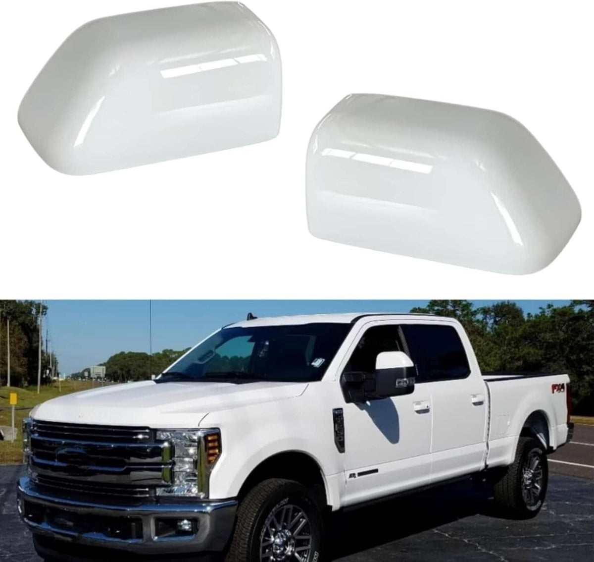 Glossy Oxford white mirror cover cap, aerodynamic shape for pickup truck sides