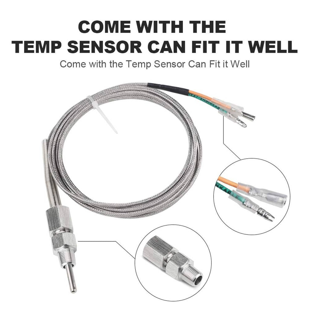 Stainless steel EGT temperature sensor probe with braided cable and metal connector.