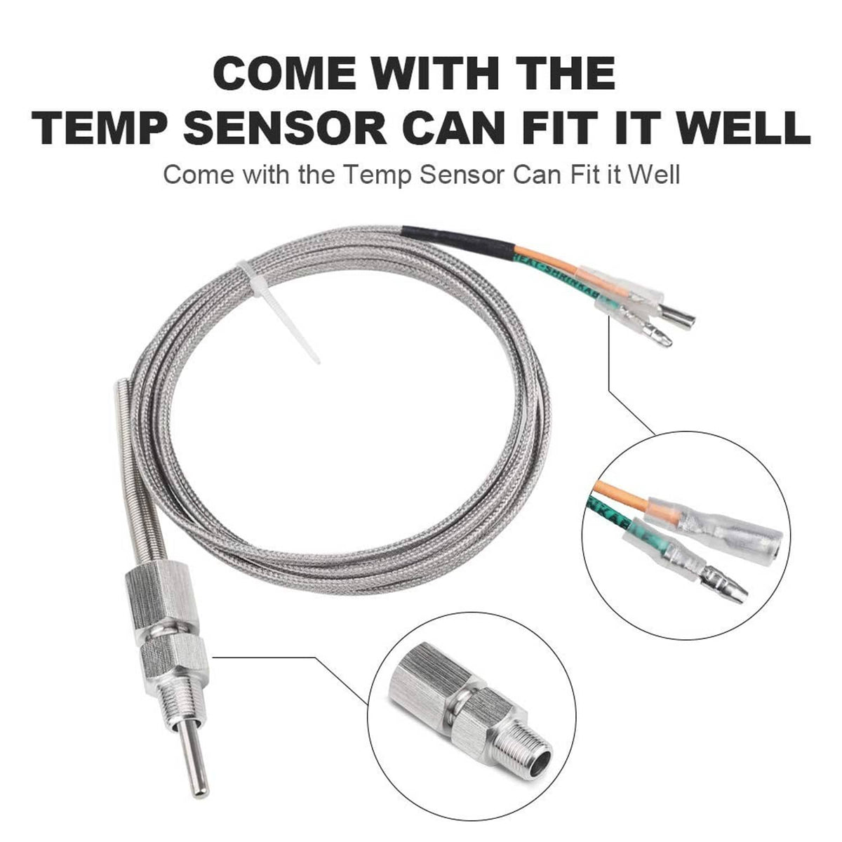 Stainless steel EGT temperature sensor probe with braided cable and metal connector.