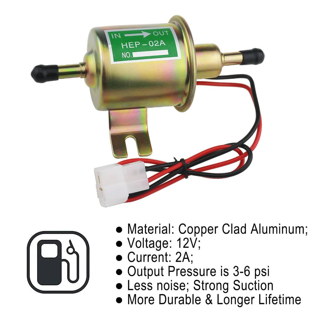 Inline electric fuel pump with brass body, 12V rating, and 3–6 psi output wiring
