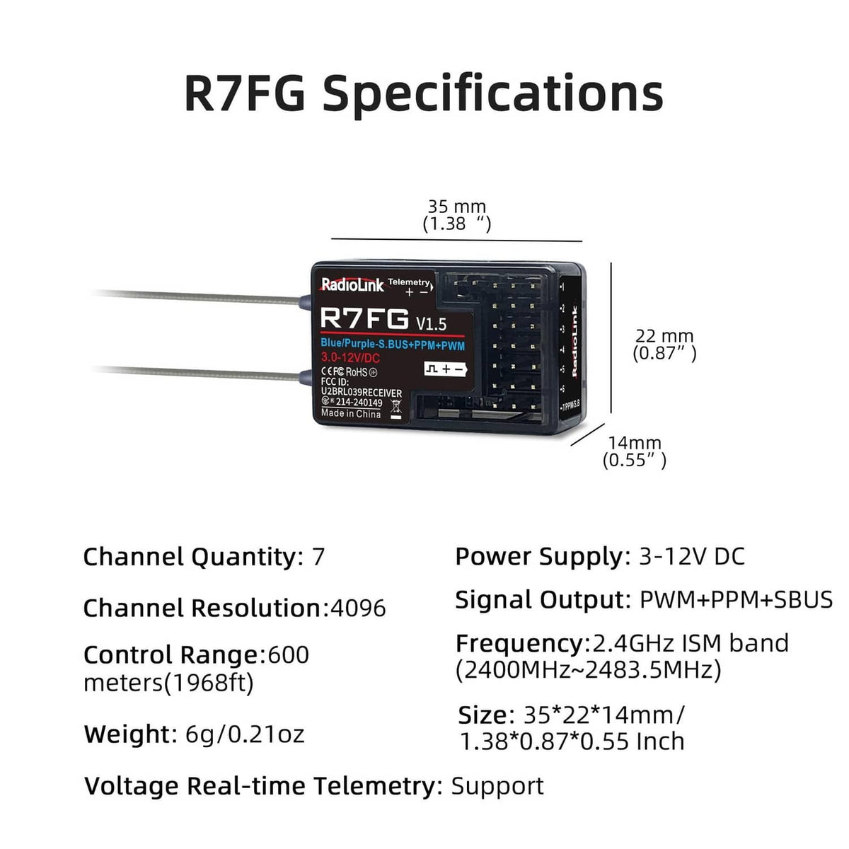 RC gyro receiver specifications diagram with size, channels, and telemetry details