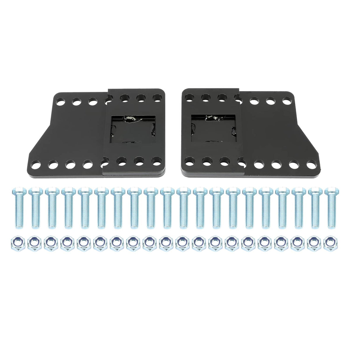 Black steel snowplow mounting brackets with hardware bolts and washers
