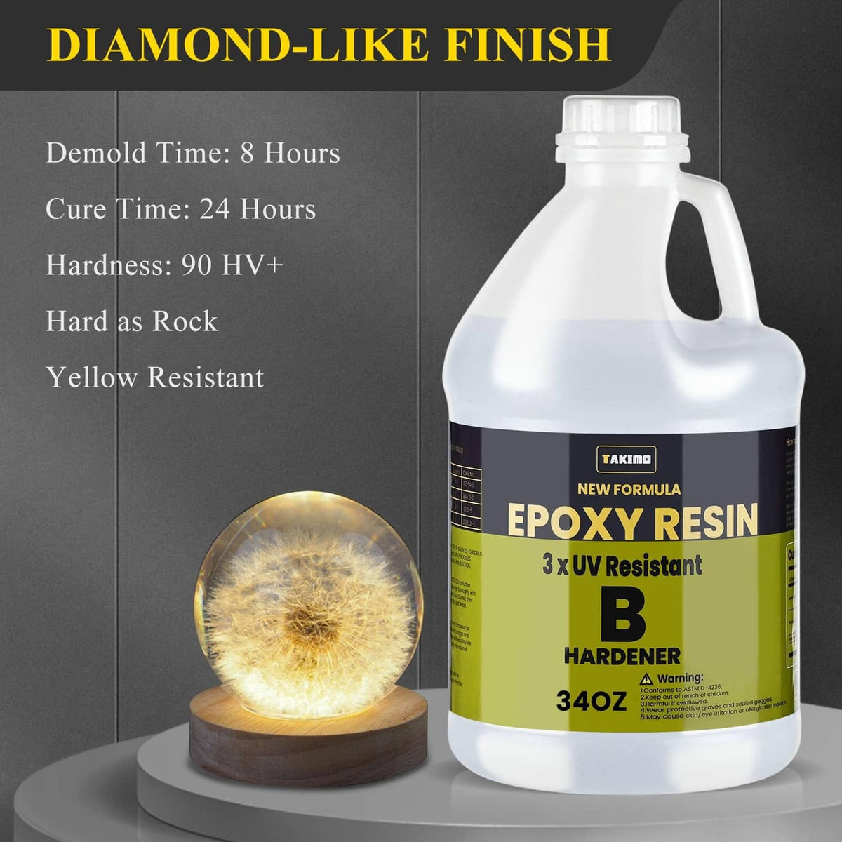 Epoxy resin hardener bottle with crystal-clear finish instructions on packaging