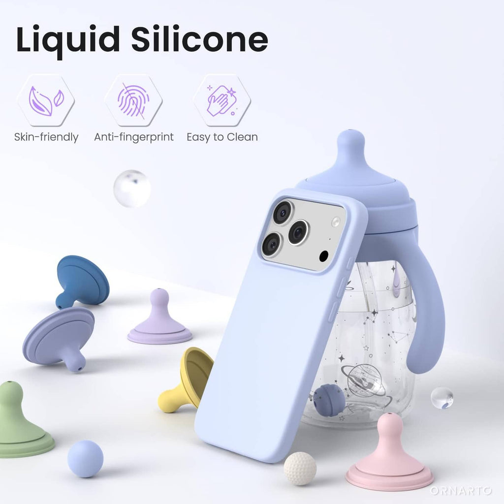 Baby blue liquid silicone iPhone case with smooth finish and raised camera openings.