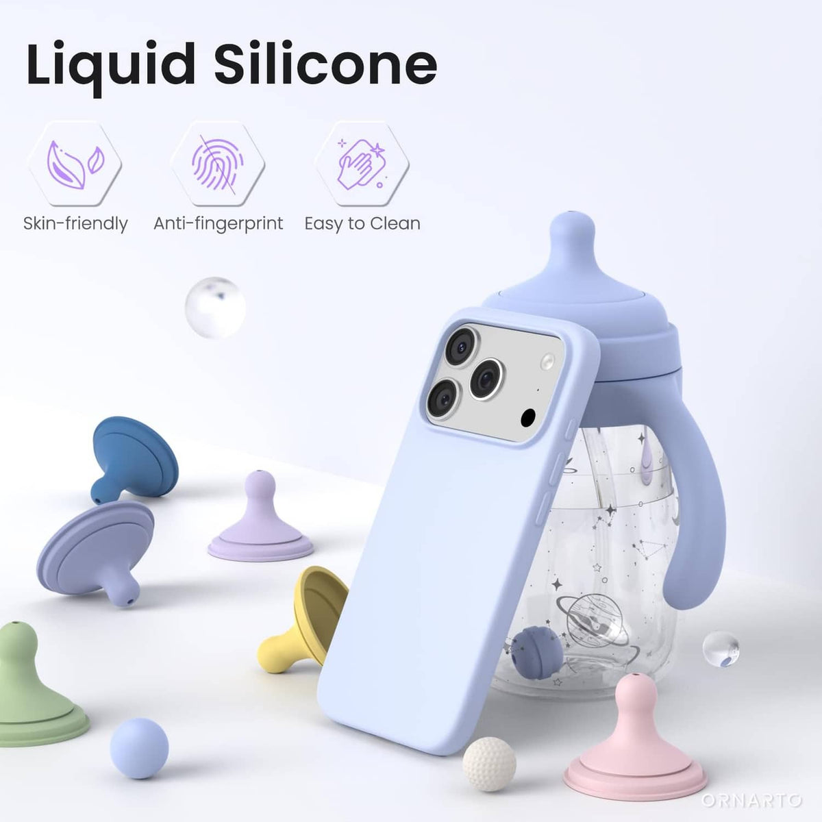 Baby blue liquid silicone iPhone case with smooth finish and raised camera openings.