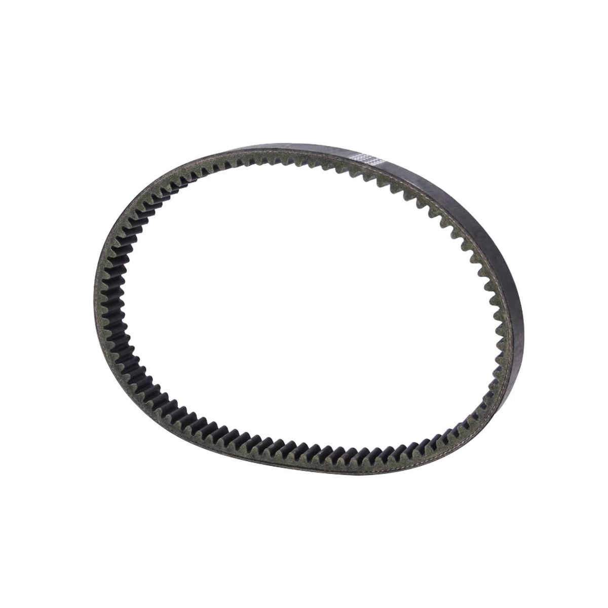 Close view of black drive belt, ribbed teeth along inner circumference