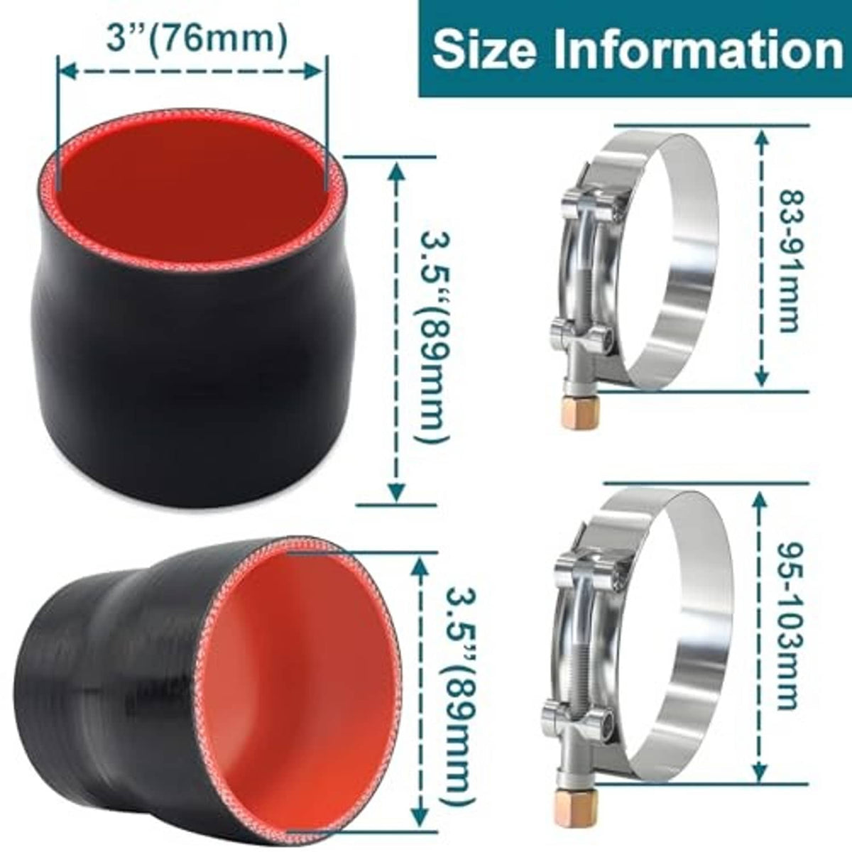 Silicone hose coupler with red-lined ends and silver clamps, front and side view
