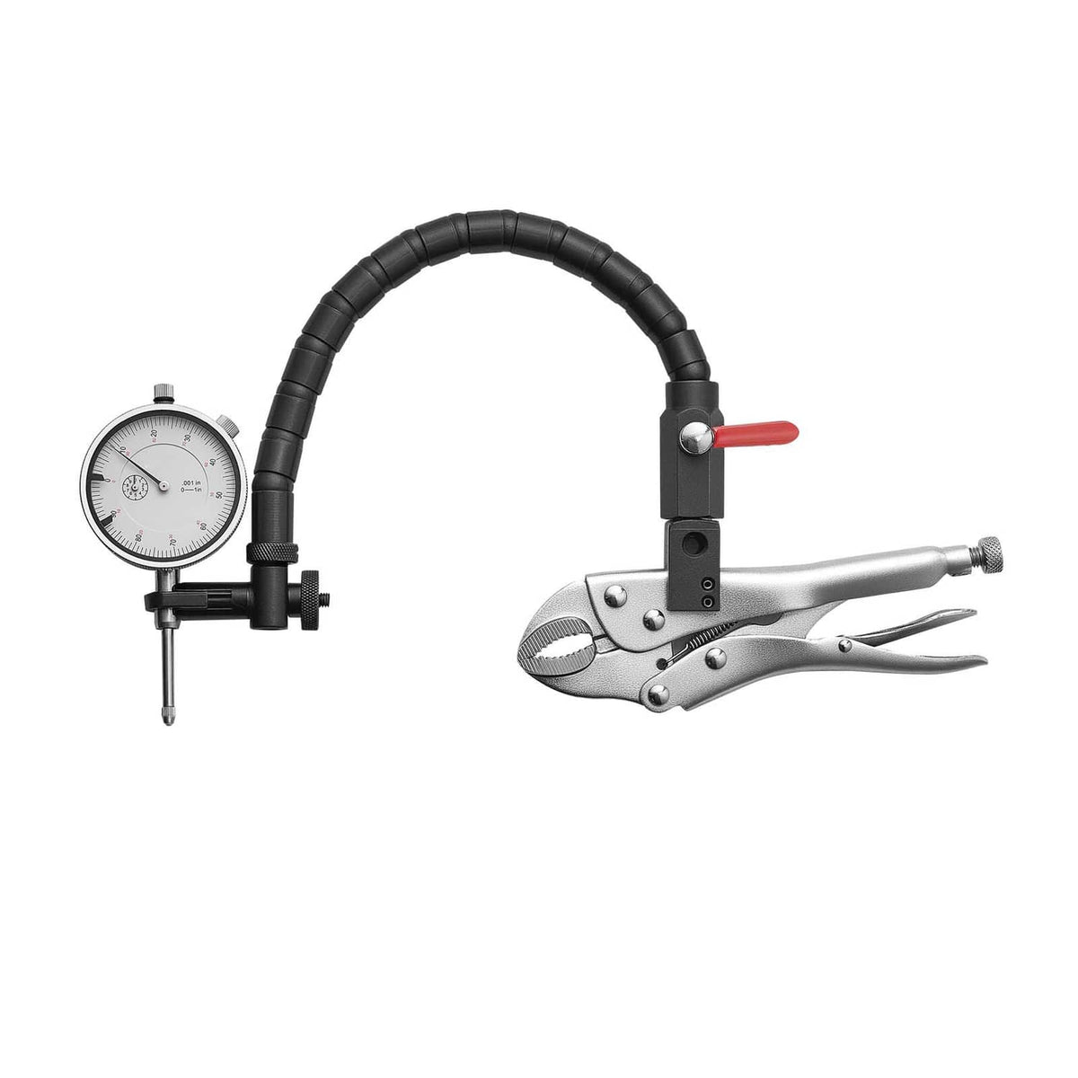 Dial test indicator with flexible arm and locking pliers clamp; dial gauge and probe