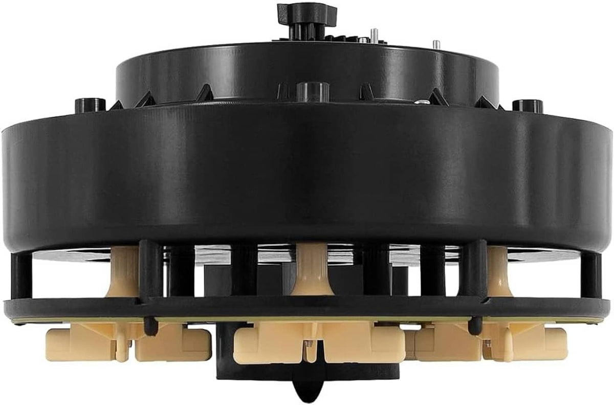 Side view of black 6-port valve module with beige inner components