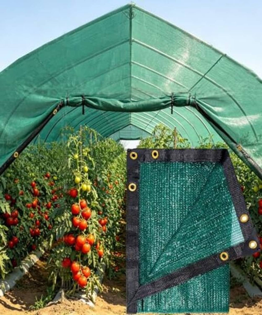 Green shade netting canopy with dense mesh panels and reinforced grommet ties