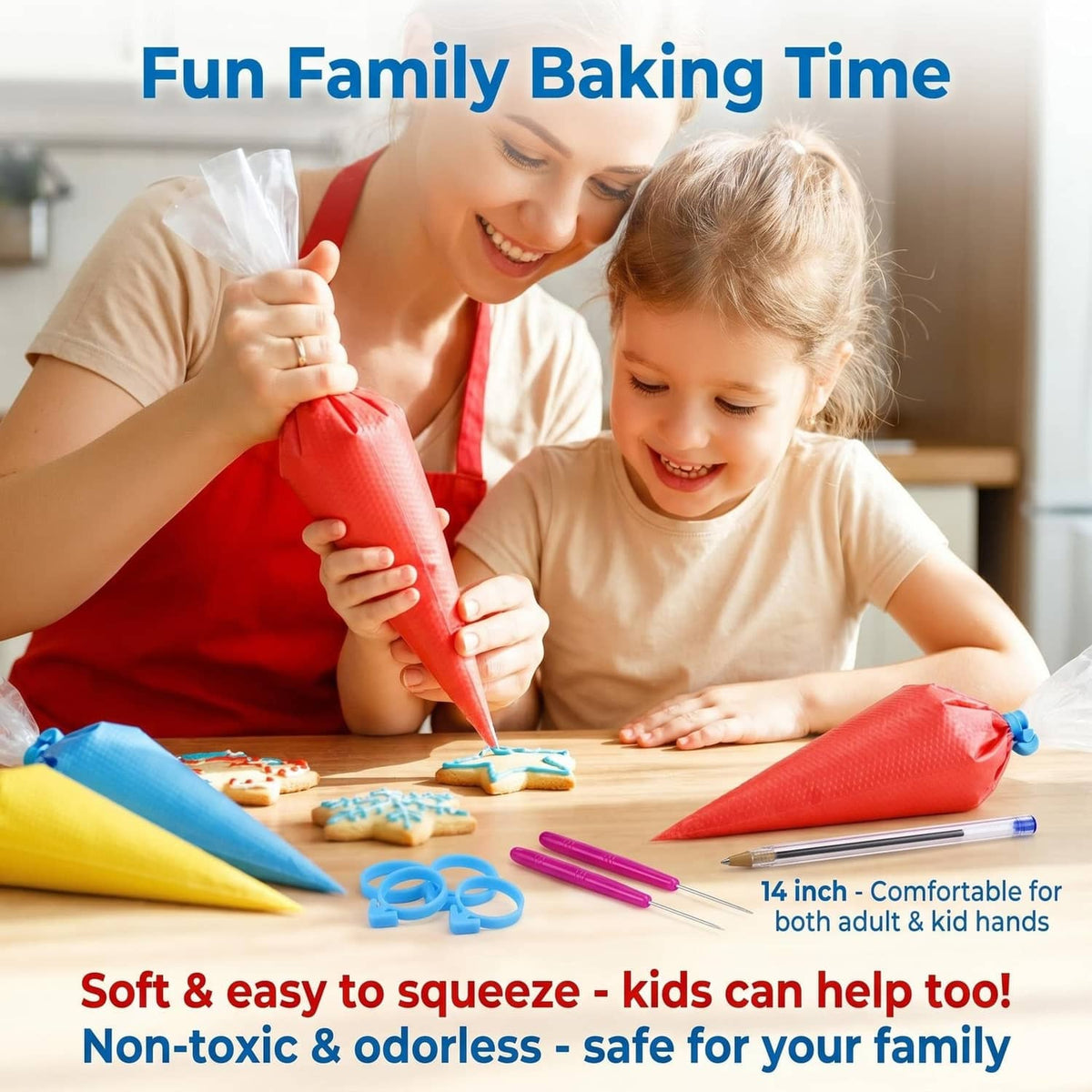 Red tipless piping bag for kids and family baking, held over cookies