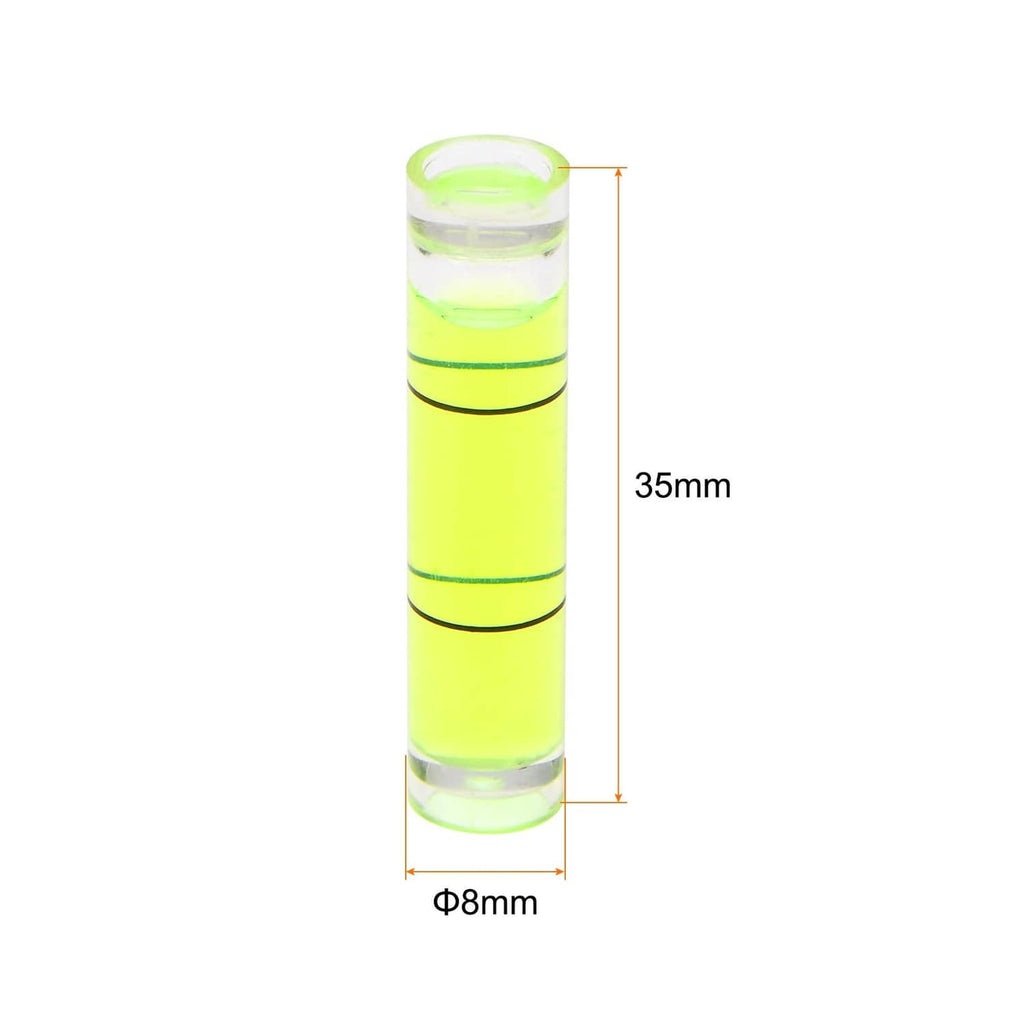 HARFINGTON cylindrical bubble level vial, clear cap, neon yellow liquid; 35mm tall