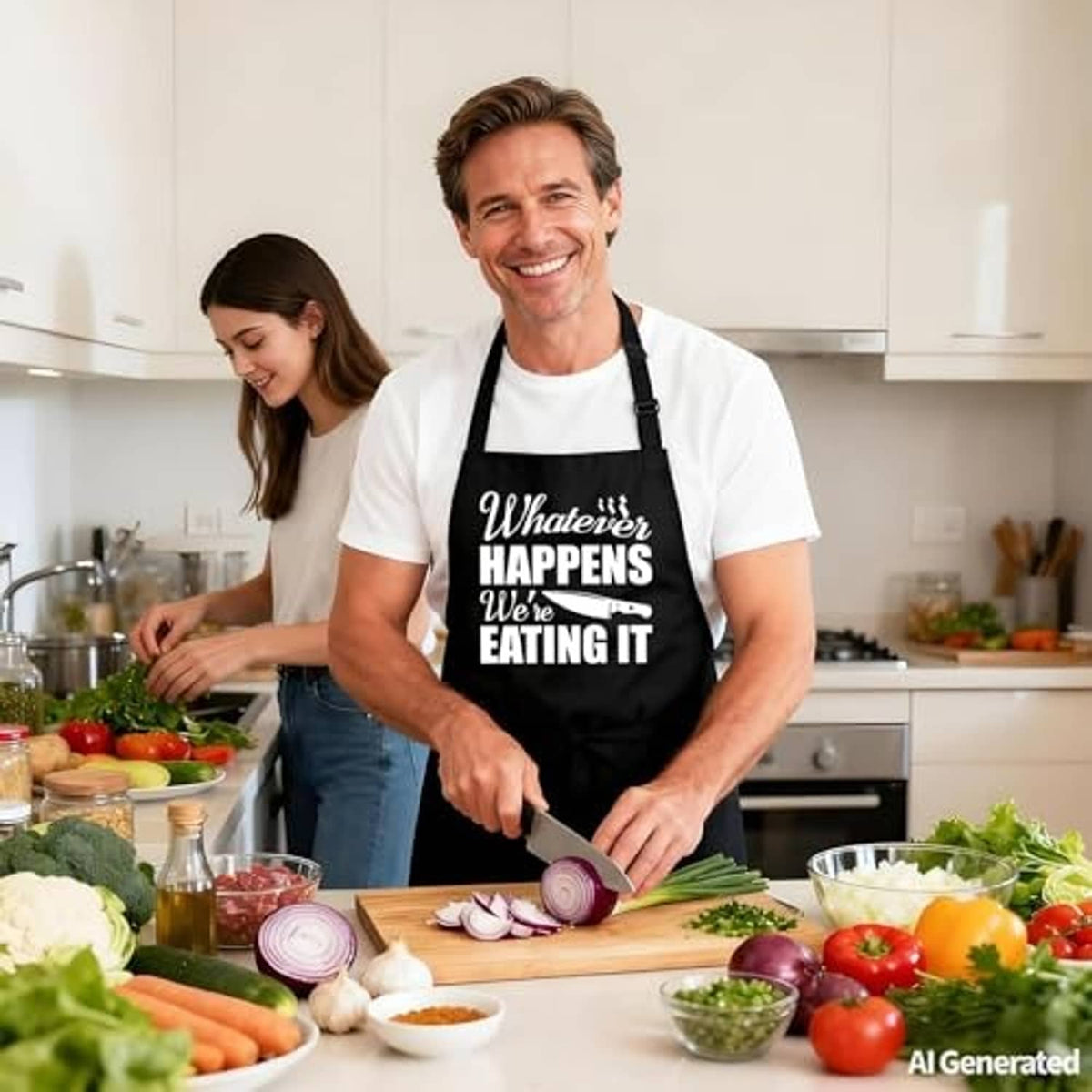 Men's black grill apron worn in kitchen, featuring 'Whatever happens we're eating it' print