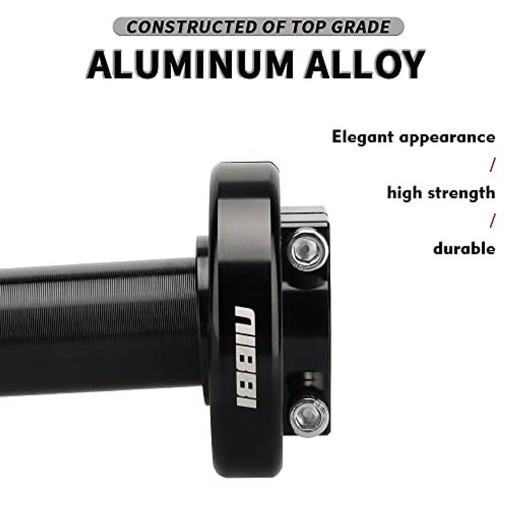 Motorcycle throttle metal clamp on black textured grip sleeve with mounting bolts