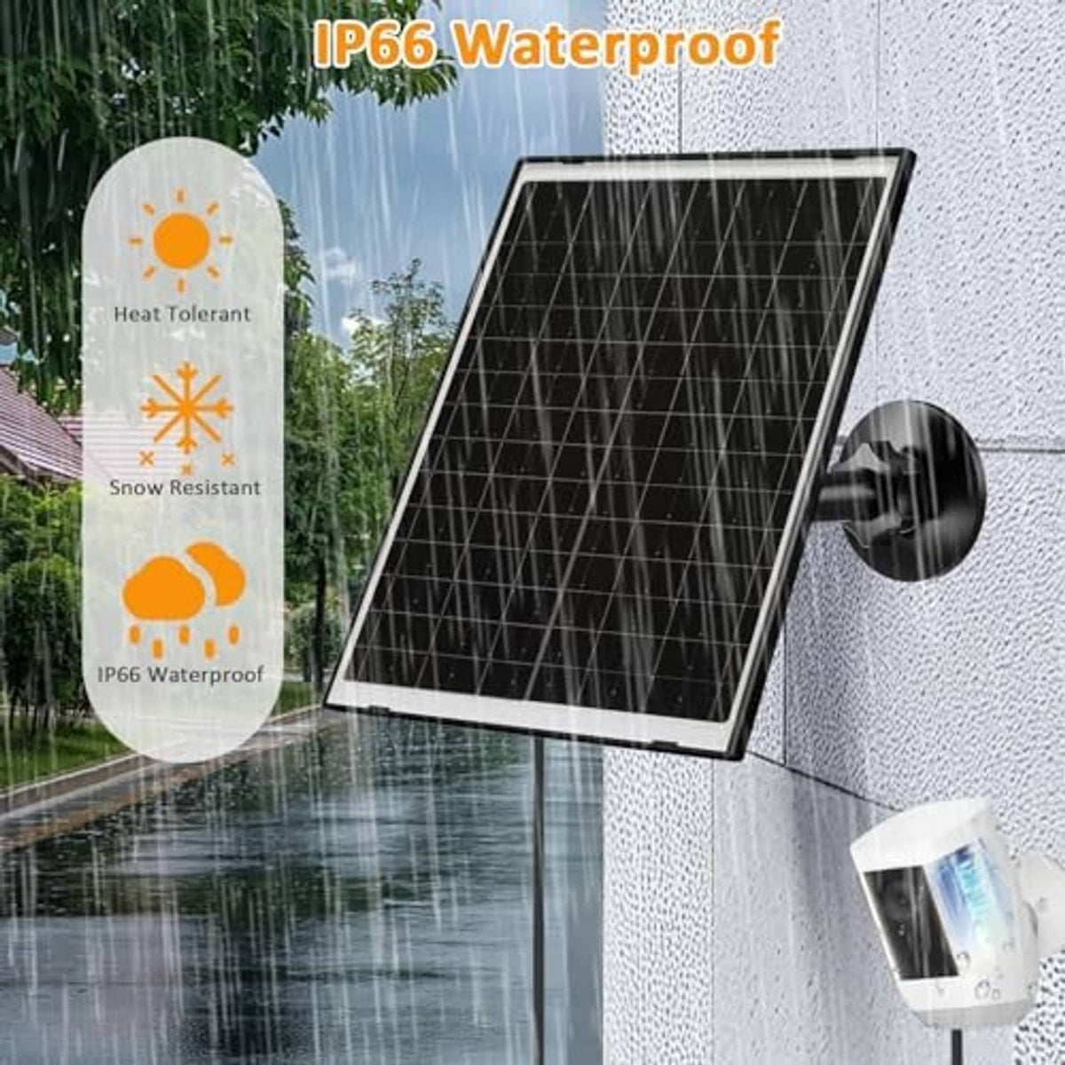 Solar panel charger on wall with mount, shown with water-splash protection