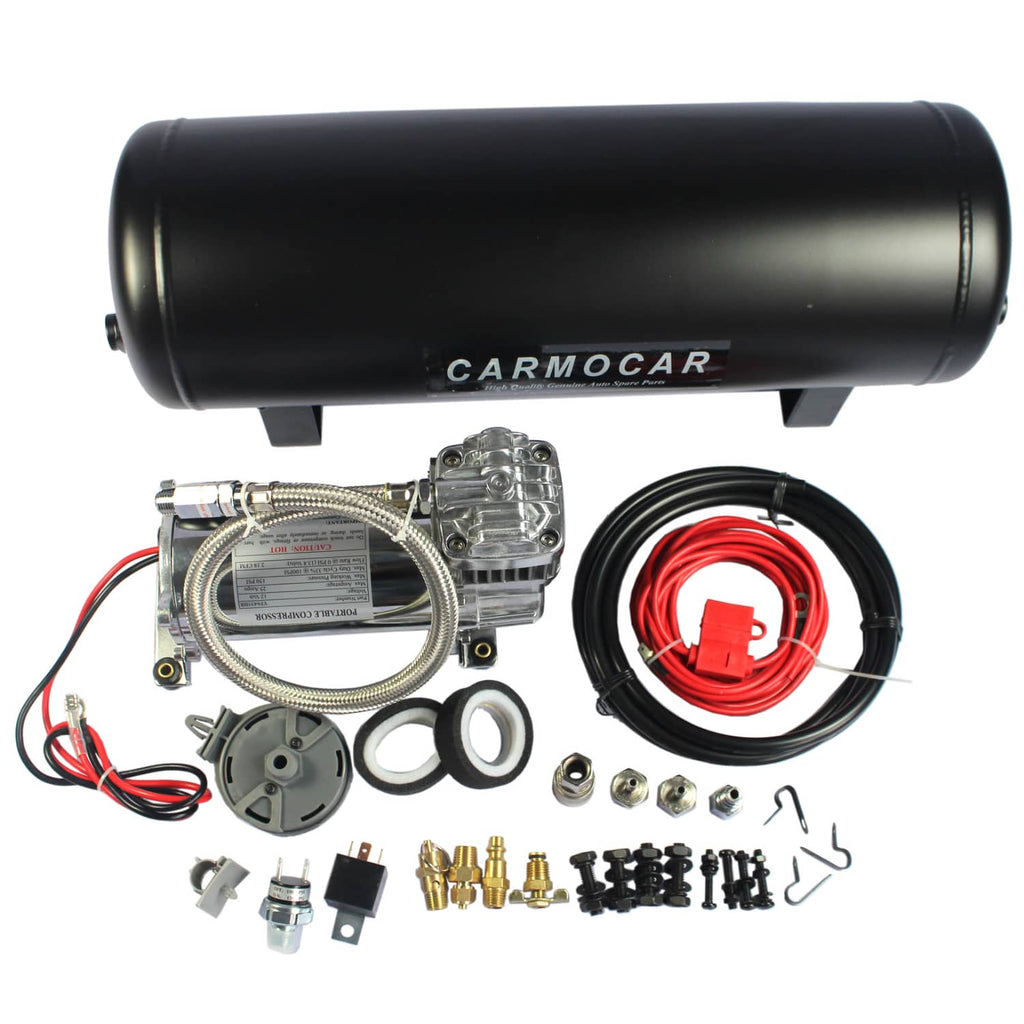 Onboard air compressor with black tank, braided lines, red power cable, and brass fittings