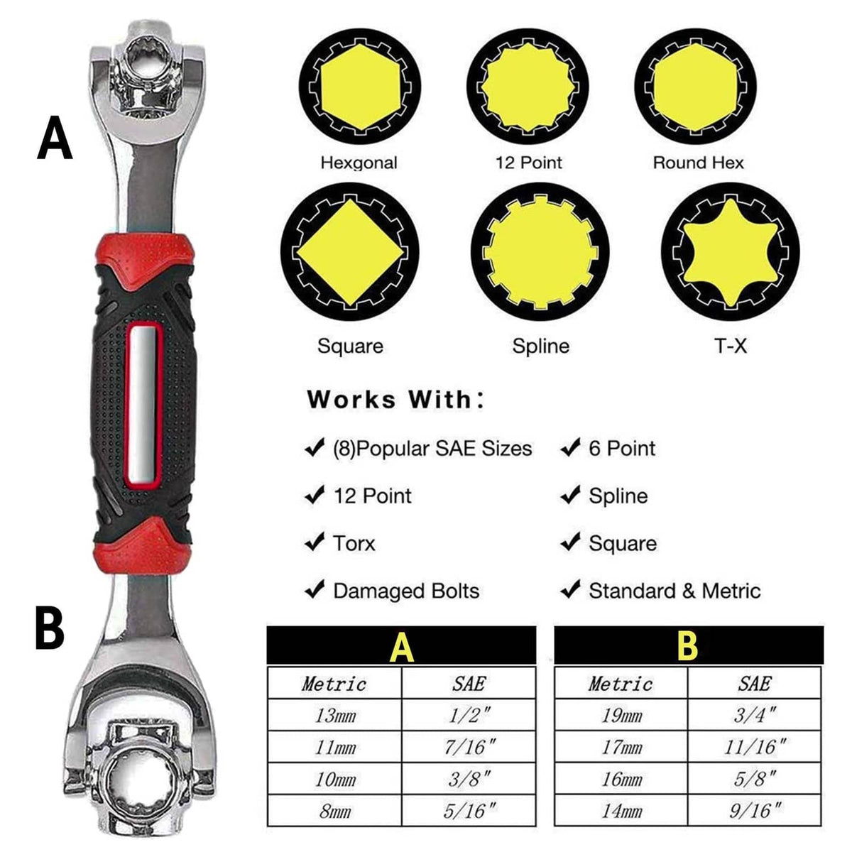 Multifunction socket wrench with red handle grip and chrome dual drive head