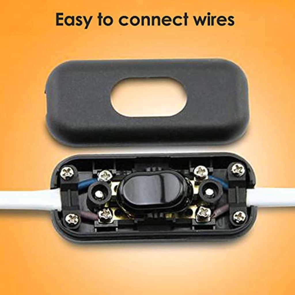 Black inline cord switch with open terminals, screw connections visible