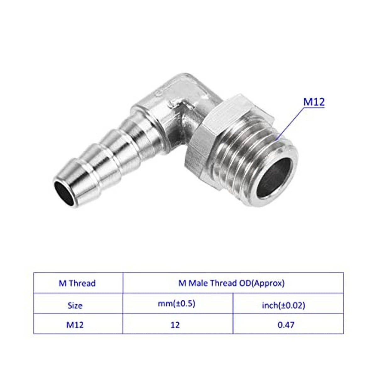 Nickel-plated 90° elbow hose barb fitting with M12 male thread and barbed end