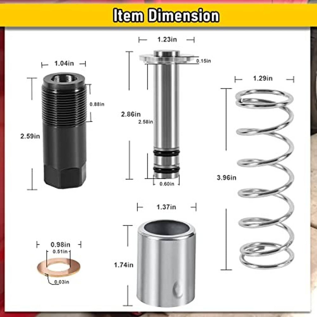 Pump piston kit dimension layout: black housing, metal cylinder, piston rod, spring