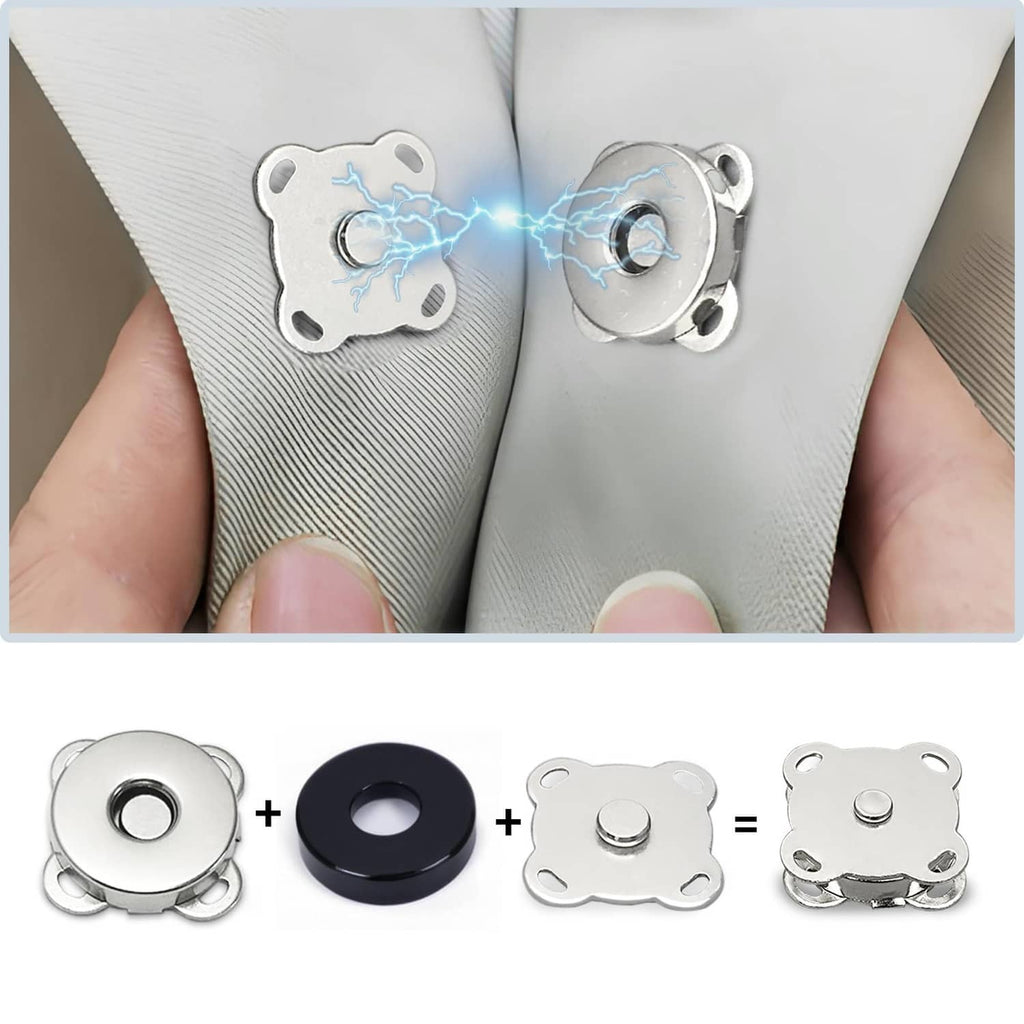 Silver magnetic snap buttons, bear-shaped plates with round centers on fabric