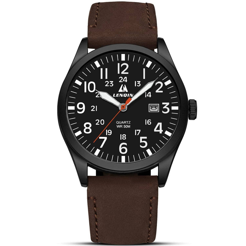 Men's analog sport watch with black dial and brown leather strap