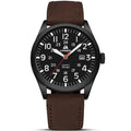 Men's analog sport watch with black dial and brown leather strap